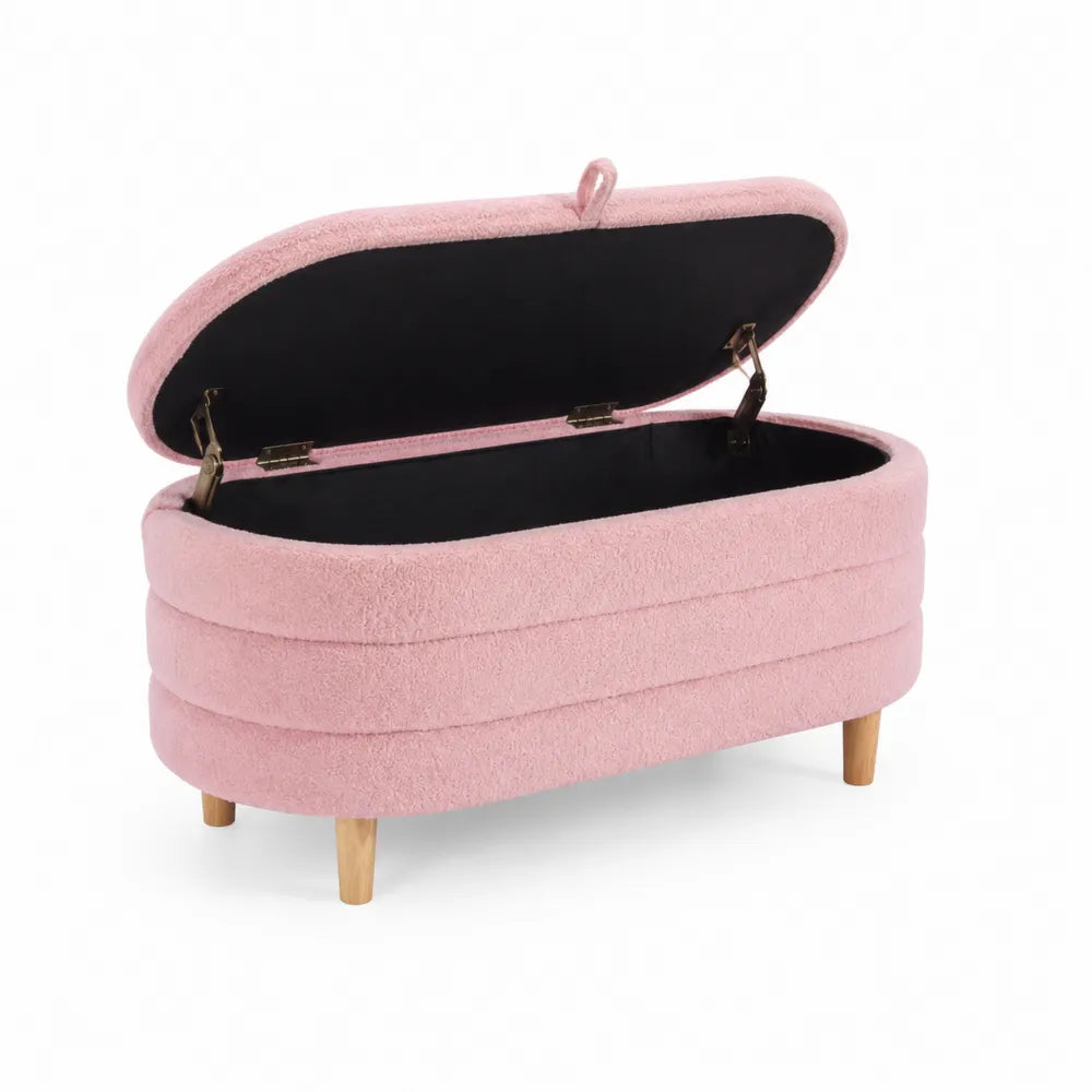 Panca Contenitore in Tessuto Rosa con Gambe in Legno 80x40x45cm