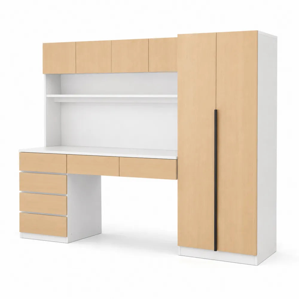 Scrivania con Armadietto e Scaffali in Legno Chiaro e Bianco