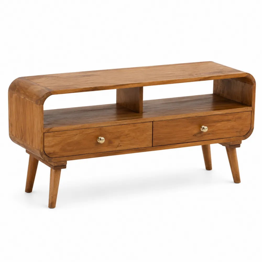 Mobile TV in legno massello con cassetti e scaffali aperti
