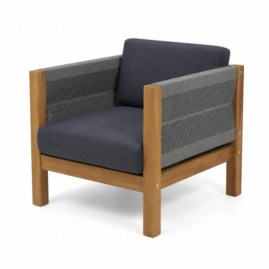 Poltrona in legno di teak e corda con cuscini blu