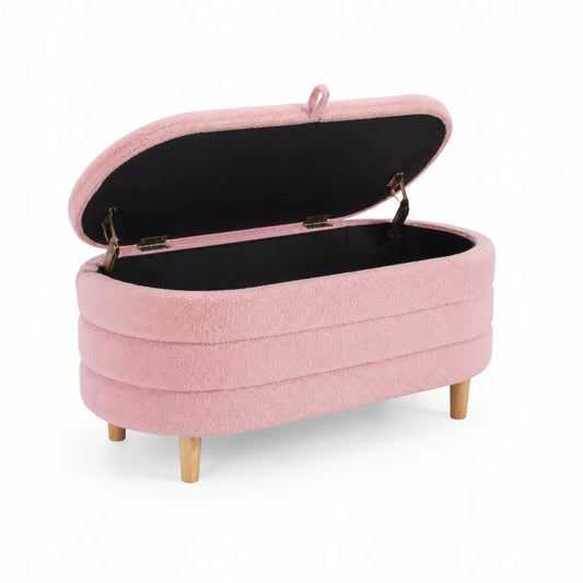 Panca Contenitore in Tessuto Rosa con Gambe in Legno 80x40x45cm