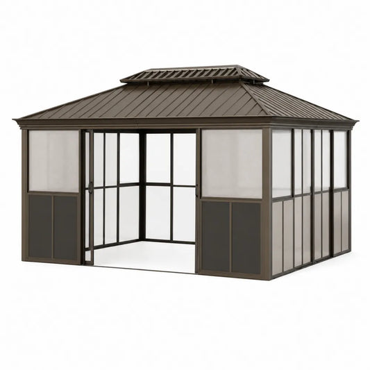 Gazebo da Giardino in Alluminio e Vetro Temperato Grigio