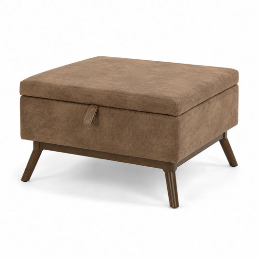 Pouf in Tessuto Marrone con Gambe in Legno