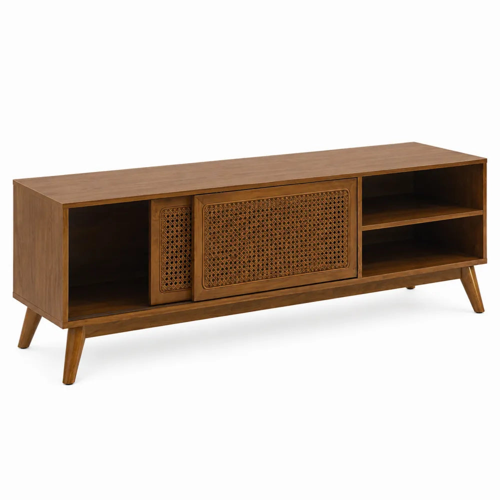 Mobile TV in legno massello con ante scorrevoli in rattan marrone