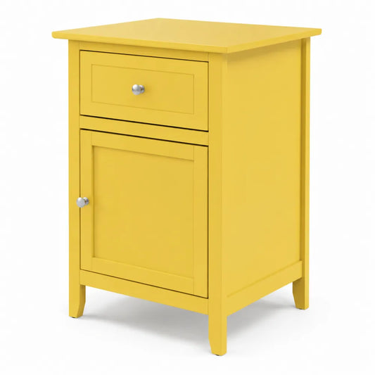 Comodino in Legno MDF Giallo con Cassetto e Anta