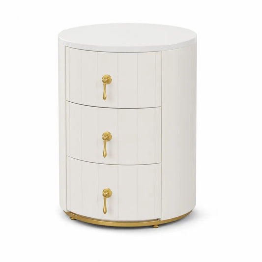 Comodino rotondo con 3 cassetti in legno bianco e metallo dorato
